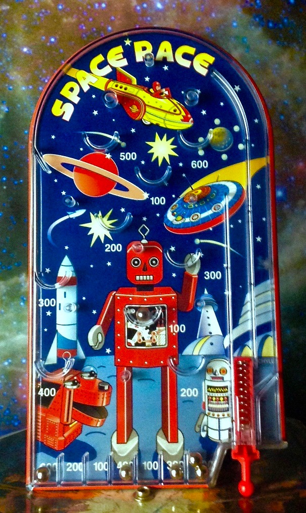 TABLETOP HANDHELD SPACE PINBALL GAME TOY INTERGALACTIC ROCKET BY RIDLEY'S  11”