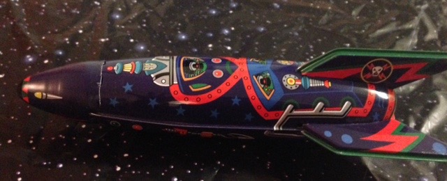Raider X-1 Space Ship Rocket USA friction tin toy